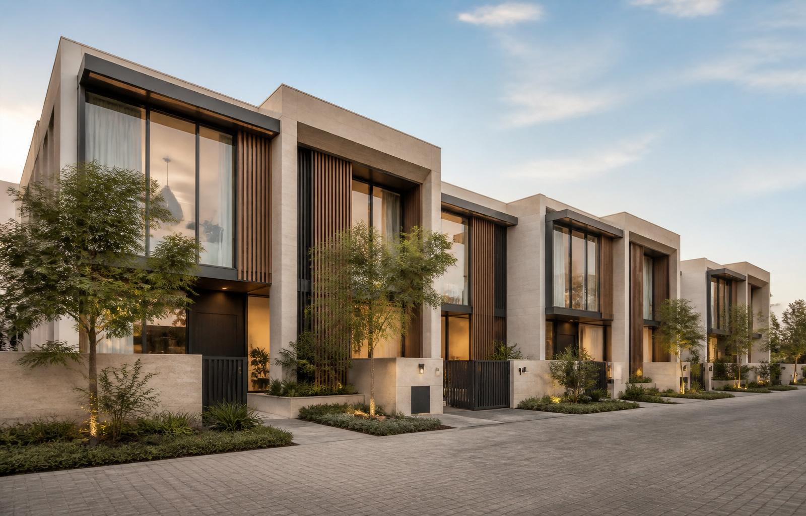 Promoción residencial premium con amplios ventanales, madera natural y zonas exteriores ajardinadas